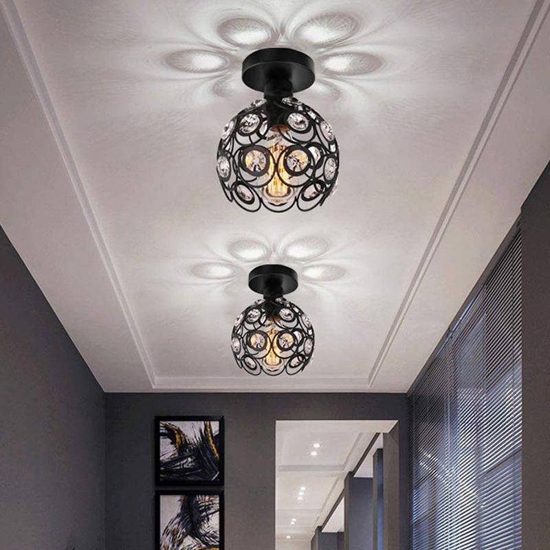 Black Metal Frame Crystal Inclay Mini Plafond Light Modern Simplicity Semi Flush Mount Mount For Corridor Asinte