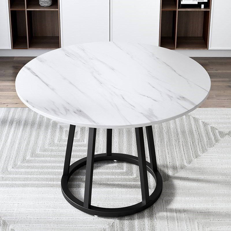 Round Black Iron Base Dining Table Modern Stone Pedestal Table