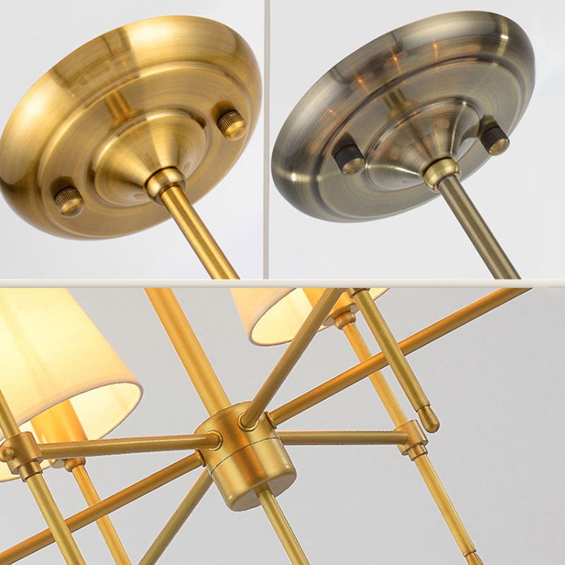 Gold Metal Radial Pendant Light Mid-Century Modern White Burlap Shade Bedroom Chandelier Lighting