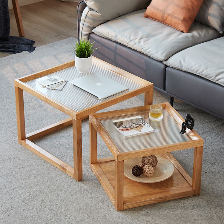 Modern Glass Top Coffee Table Square Natural Wood Cocktail Table