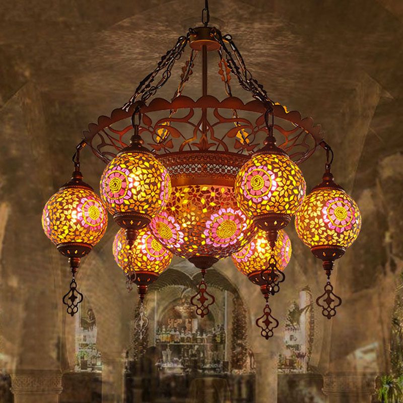 Brass Lantern Chandelier Lamp Traditional Stained Glass 9 Heads Restaurant Suspension Pendant Light