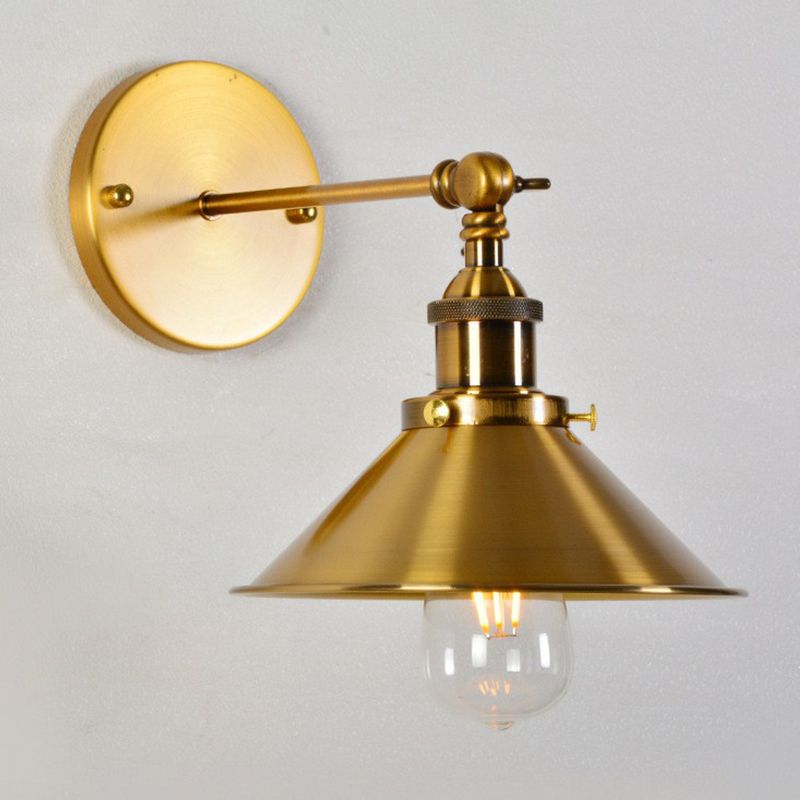 Iron Conical Pivot Shade Wall Lamp Industrial 1 Bulb Bedside Reading Wall Light in Gold