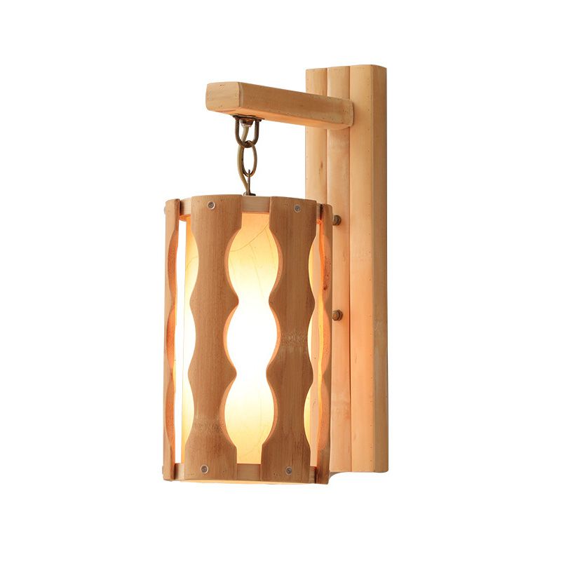 Cylinder Wall Mount Lamp Asian Style Wood Single Head Khaki Sconce Light Fixture for Restaurant
