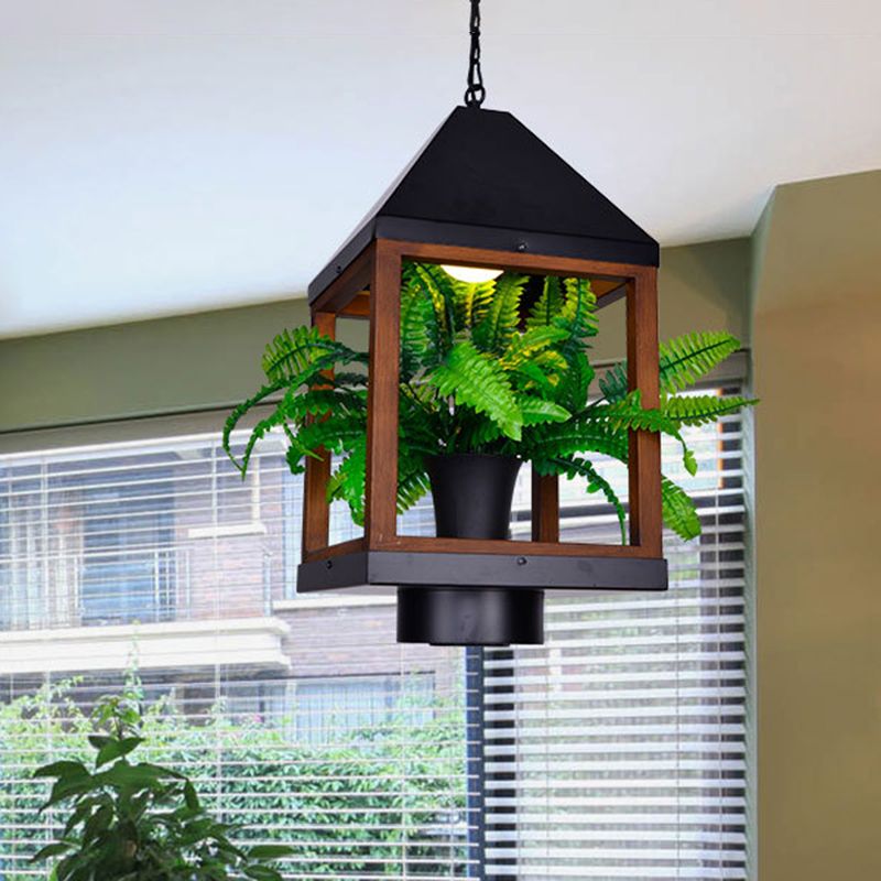 1 Bulb Pavilion Pendant Lamp Factory Black Metallic Hanging Light Fixture with Bonsai for Dining Room