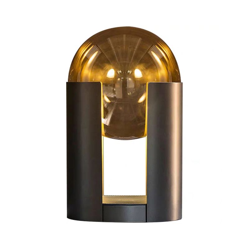 Black Cylindrical Table Light Postmodern 1 Bulb Amber Ball Glass Night Stand Lamp with Gap Design