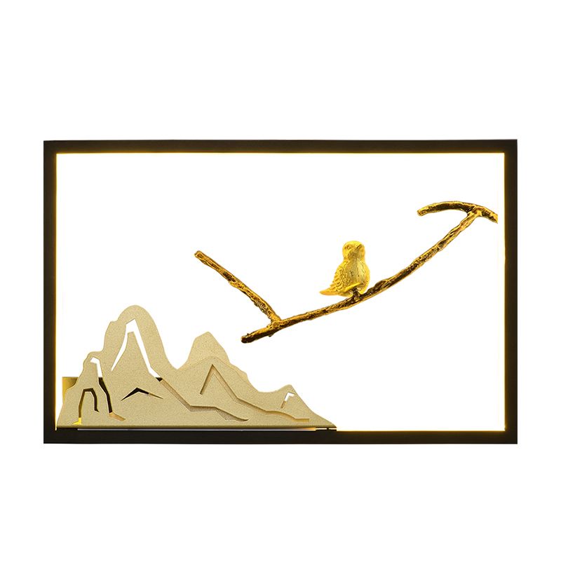 Metal Rectangle Bird and Mountain Mural Light Oriental Style LED Wall Lighting Idea in Black