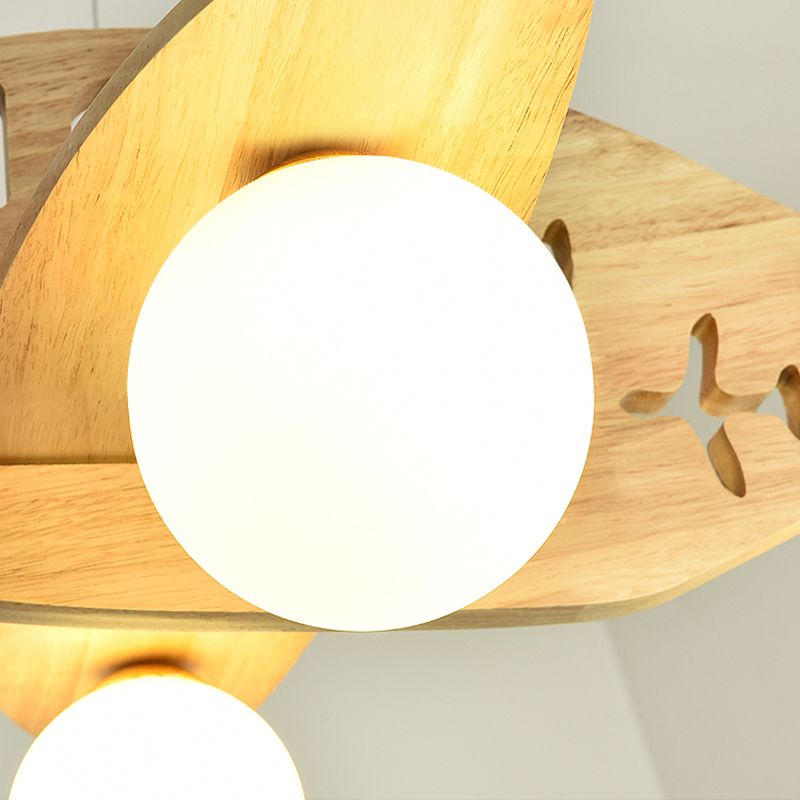 Modern Artistic Airplane Chandelier Wooden Indoor Hanging Lamp with White Glass Shade