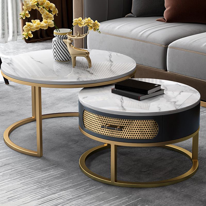 Modern Metal Frame Storage Coffee Table White Slate Round Table