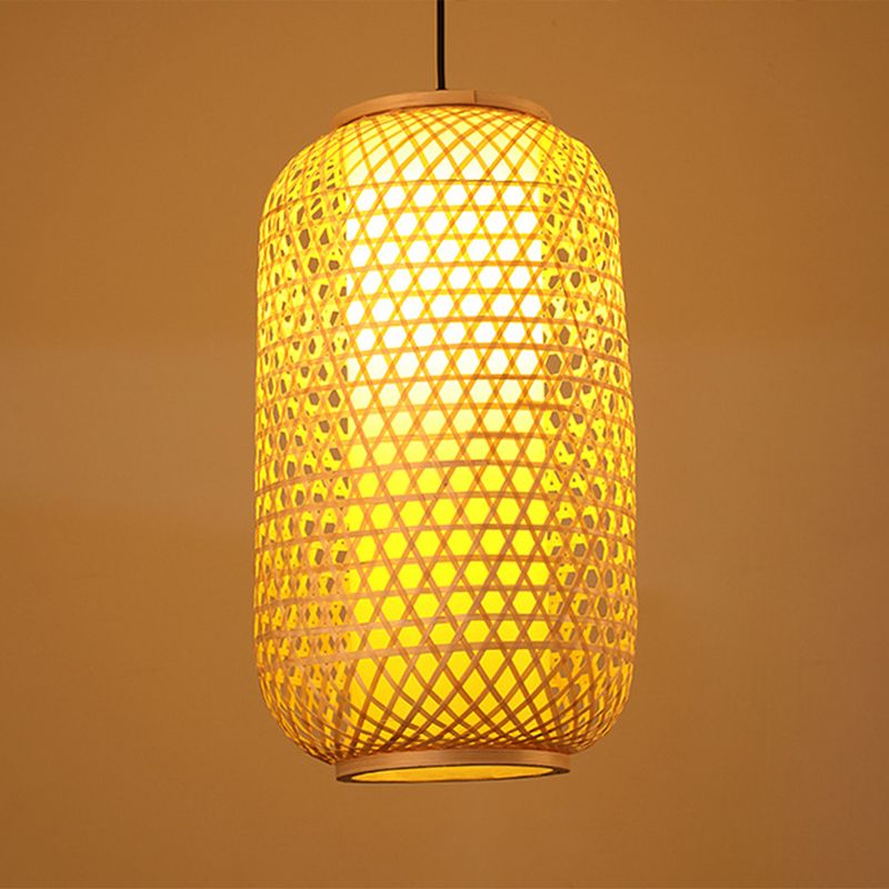 1 Light Lantern Hanging Light Fixtures Japanese Bamboo Ceiling Pendant for Restaurant