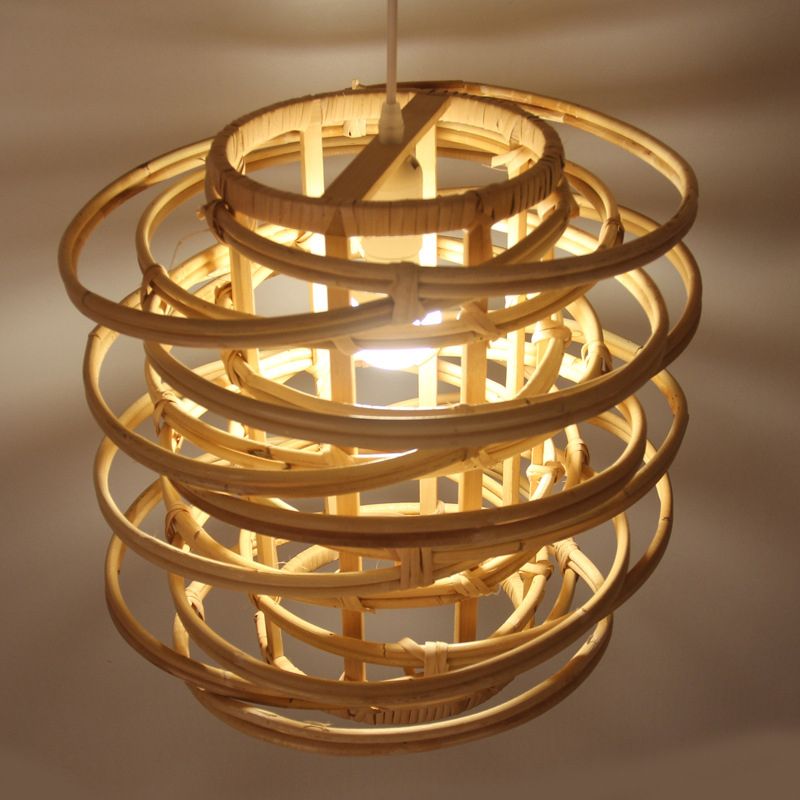 Wood Circle Hanging Lamp Retro 1 Head Bamboo Ceiling Pendant Light for Restaurant