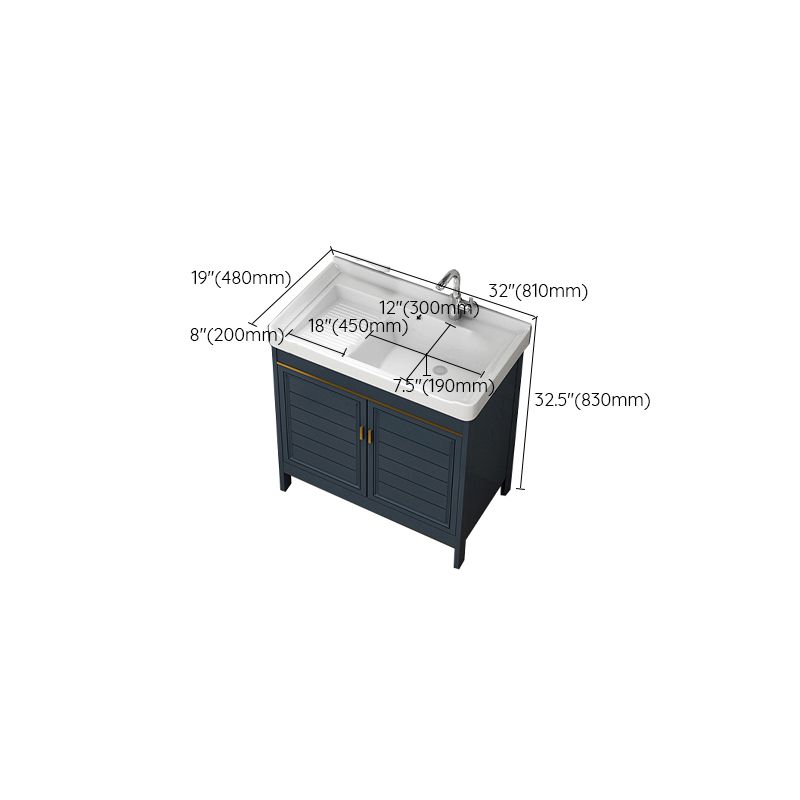 Blue Bath Vanity Single Sink Freestanding Metal Frame Mirror Vanity with Soft Close Doors