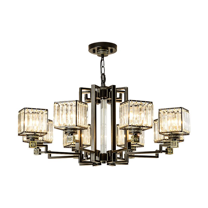 Traditional Cubic Pendant Lighting Clear Tri-Sided Glass Chandelier Light Fixture in Black