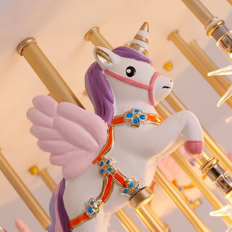 Resin Horse/Bird/Crane Ceiling Light Fixture Kids 13/16 Lights Blue/Pink Flush Mount Lighting with Clear Glass Shade