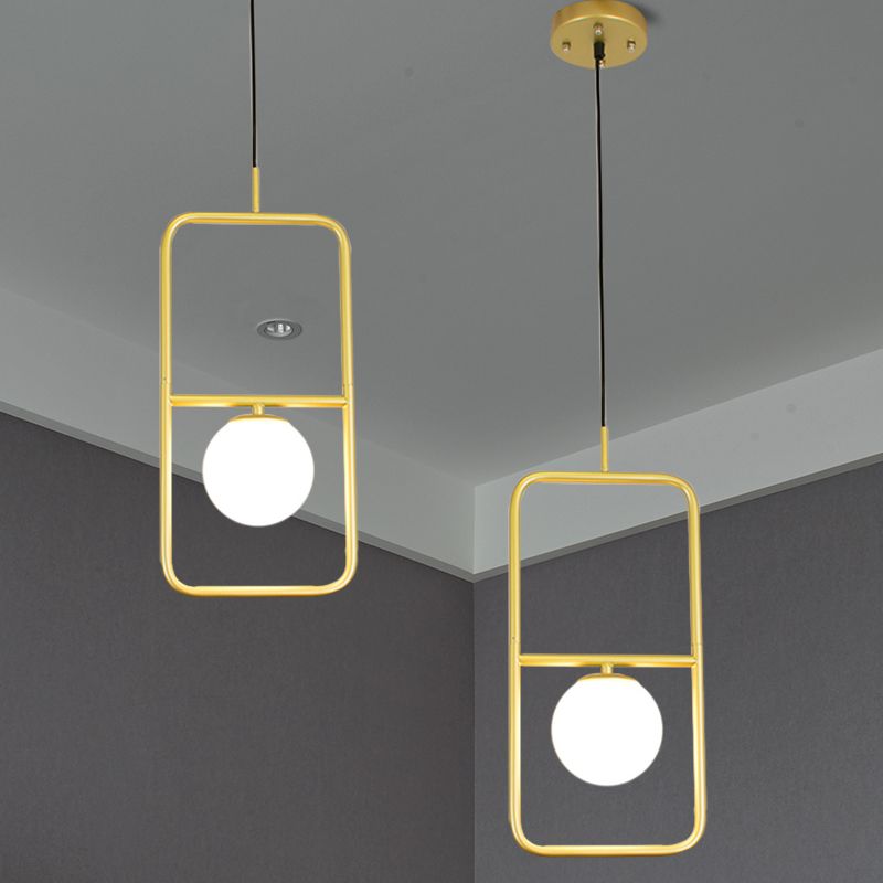 White Glass Globe Pendant Lamp with Rectangular Design Post Modernist 1/2 Lights Gold Led Hanging Light Fixture
