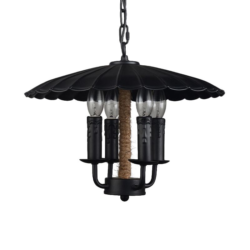 Wavy Pendant Light Retro Style Metal 4 Bulbs Candle Hanging Light in Black for Dining Room
