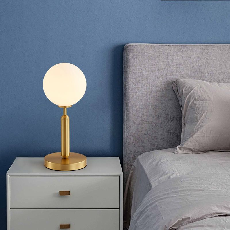 Modern 1-Head Table Lighting Brass Ball Metal Night Lamp with Frosted White Glass Shade