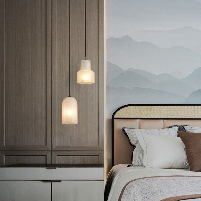 Minimalistic 1-Bulb Drop Pendant White Mini Suspension Lighting with Marble Shade