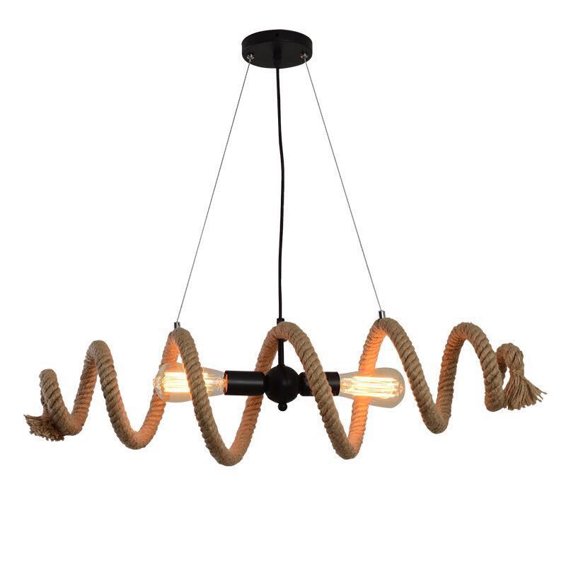 Vintage Hemp Rope Chandelier Indsutrial Retro 2 Light Linear Island Lamp for Restaurant