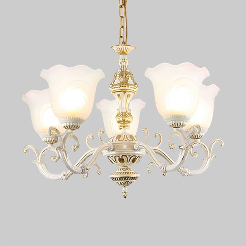 Opaline Glass Flower Ceiling Lamp Traditional 5/7-Light Drawing Room Pendant Chandelier in White and Gold