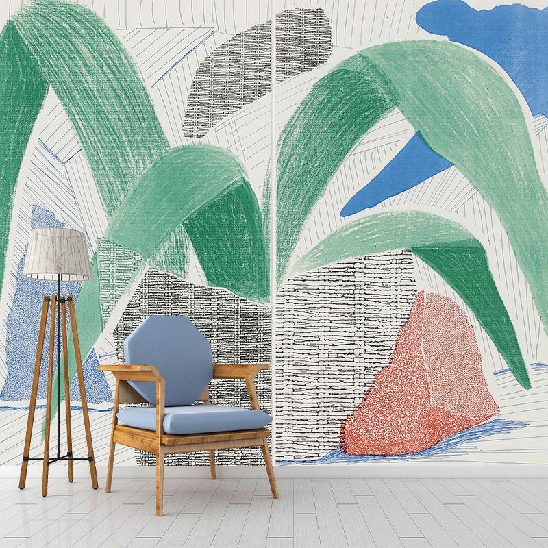 Art Potted Plant Wall Mural Decal in Blue-Green Living Room Wall Covering, Personalized Size