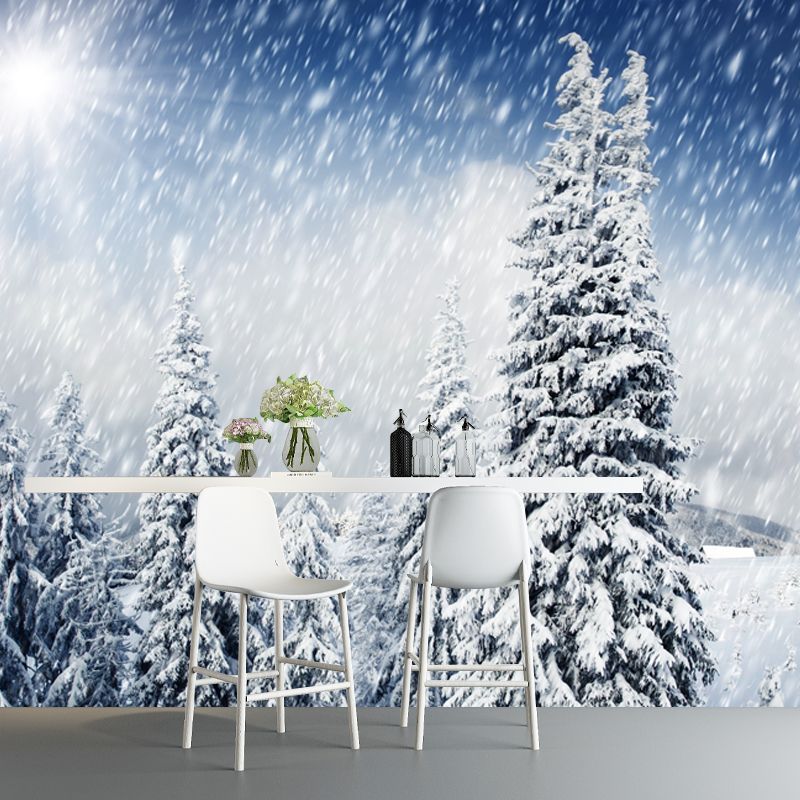 Cypress Winter Snowing Scenery Mural Modern Non-Woven Material Wall Decor in White