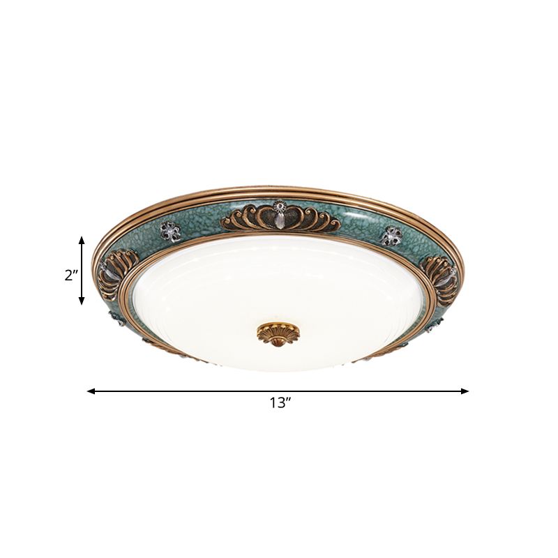 16"/19.5"/13.5" Wide LED Milky Glass Flush Light Fixture Traditional Green Crown Living Room Ceiling Lighting in Warm/White Light