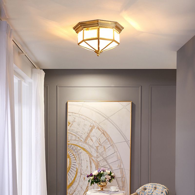 Brass Geometric Ceiling Fixture Traditional Frosted Glass Flush Mount for Corridor
