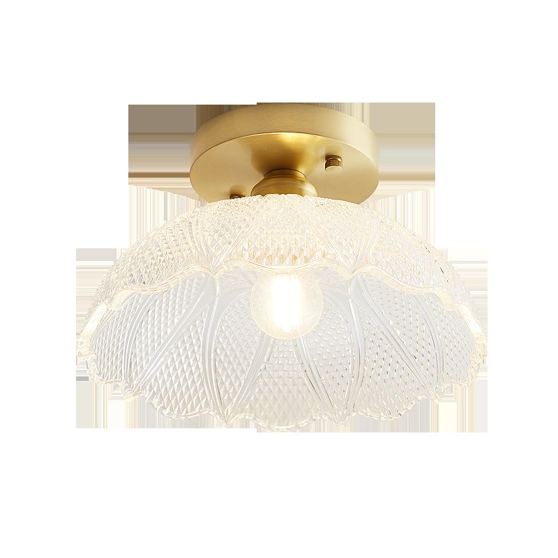 Industrial Small Ceiling Light Fixture 1-Light Textured Glass Semi Flush Mount in Brass for Aisle