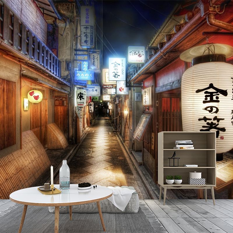 Traditional 3D Street Wall Art for Japanese Restaurant Decoration, Custom-Printed Wall Mural in Red and Brown