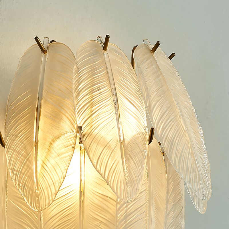 Clear Glass Leaf Sconce Lamp Art Deco 2-Bulb Brass Finish Wall Mounted Light for Dining Room