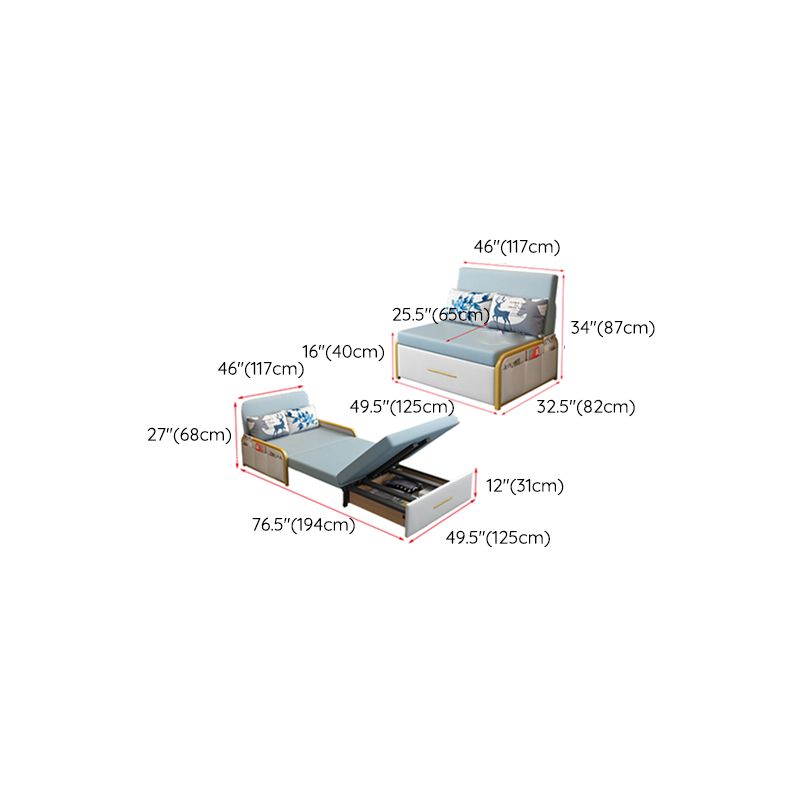 Glam Round Arms Futon Frame Bonded Leather Blue Sleeper Sofa