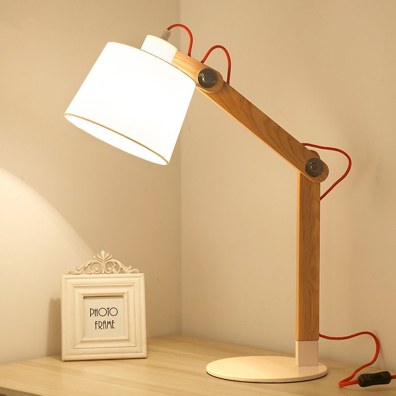 Lampada da comodino moderna in tessuto a 1 testa con lampada da lettura a tamburo in bianco con nodo rotante