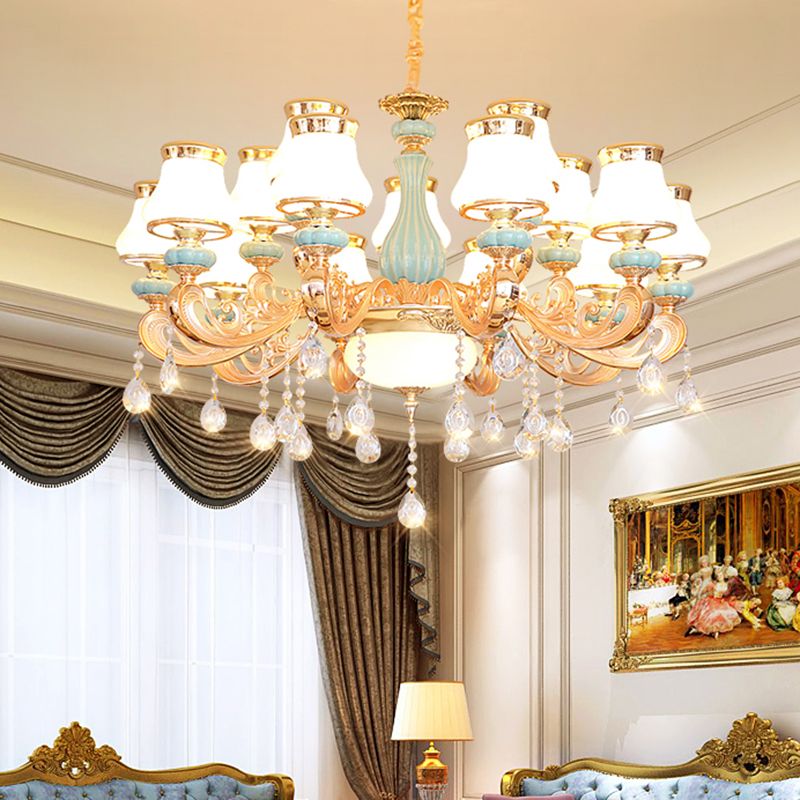 Handblown Glass Gold Chandelier Light Bud Retro Pendant Light Fixture with Crystal Accent
