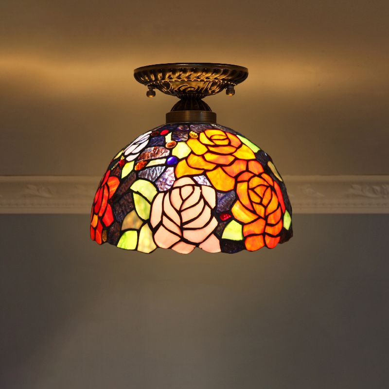 Decorative Dome Shade Semi Flush Mount 1-Light Stained Glass Ceiling Mounted Light