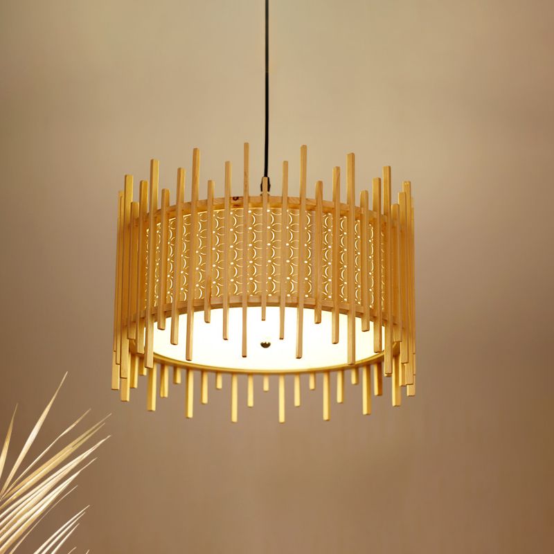 Colgante de suspensión cilíndrica madera retro 1 bulbo beige kit de luz colgante con sombra de PVC blanca interna