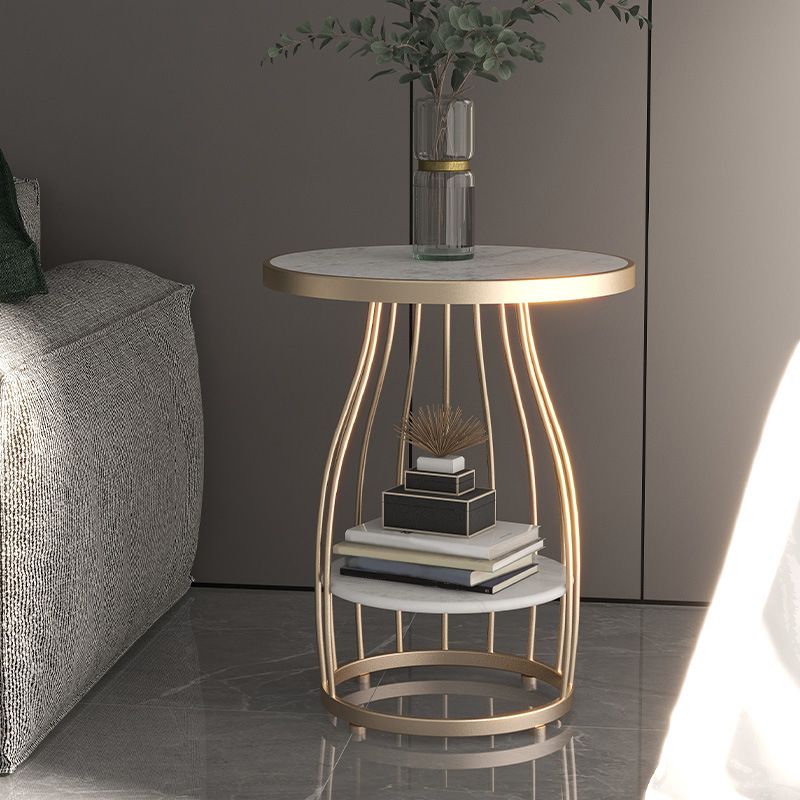 Marble Top End Table Metal Frame Sofa Side End Table with Shelf for Living Room