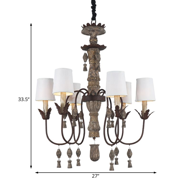 Tapered Fabric Chandelier Lamp Vintage 6 Lights Bedroom Hanging Light Fixture in Black with Wood Drop