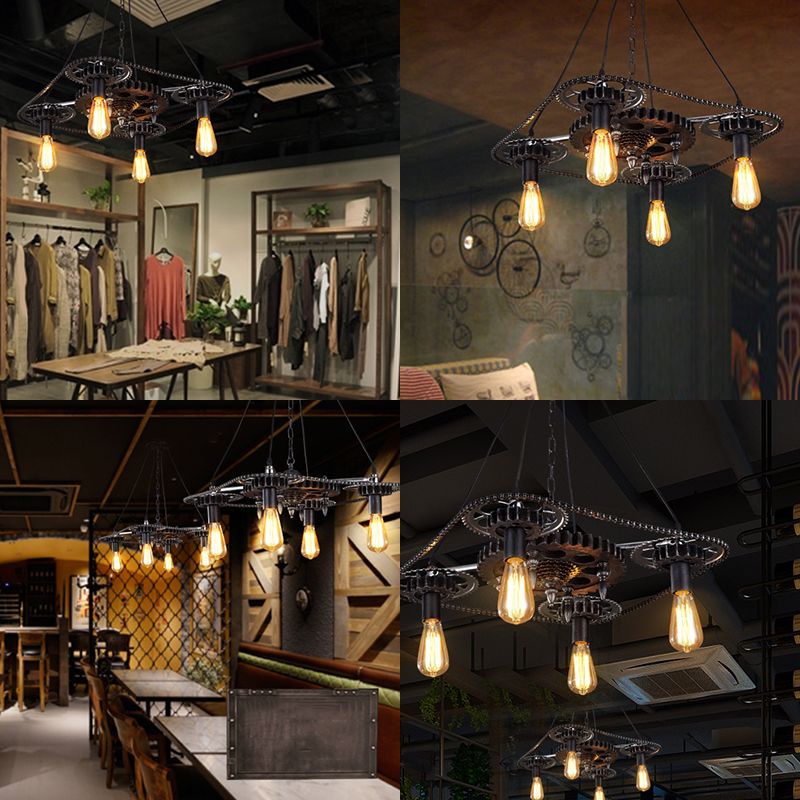 Finitura nera 4 teste Sofiling Aiuging Style Industrial Style Metallic Bare Bulb Light Light With Gear Deco