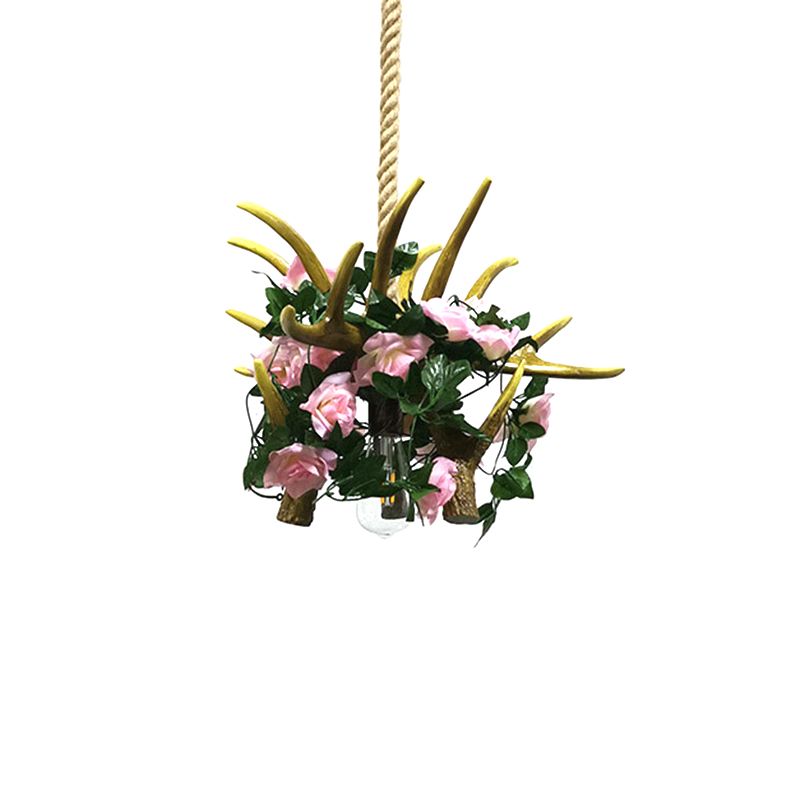 1 Head Antler Ceiling Pendant Farmhouse Pink/Rose Red Resin Flower Hanging Light over Table