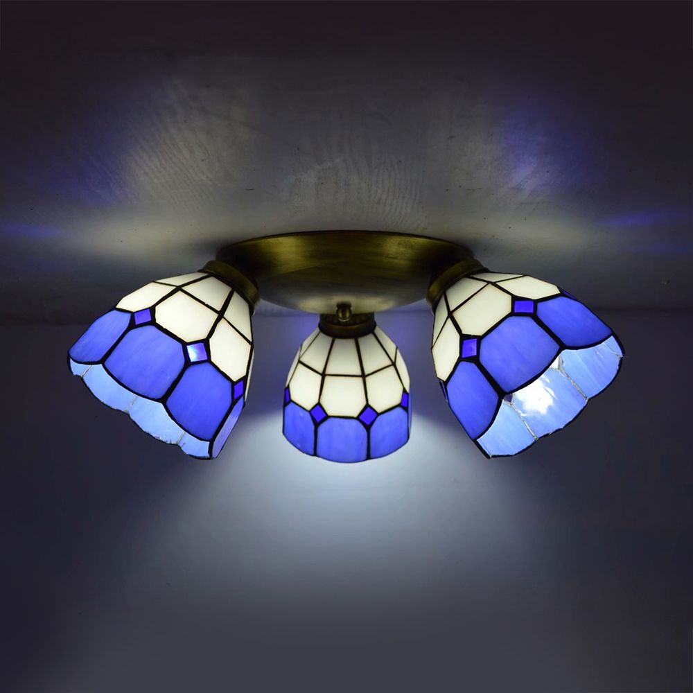 Tiffany Dome Ceiling Fixture Stained Glass 3 Lights Flush Mount Ceiling Light in Pink/Yellow/Orange/Sky Blue/Dark Blue for Dining Room