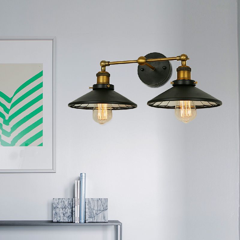 Iron Black and Brass Sconce Flared 2 Heads Antiqued Wall Mounted Light with Linear Arm