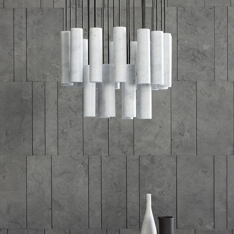 Minimalist Tubular Hanging Light Marble 1-Light Restaurant Pendant Ceiling Lamp in White