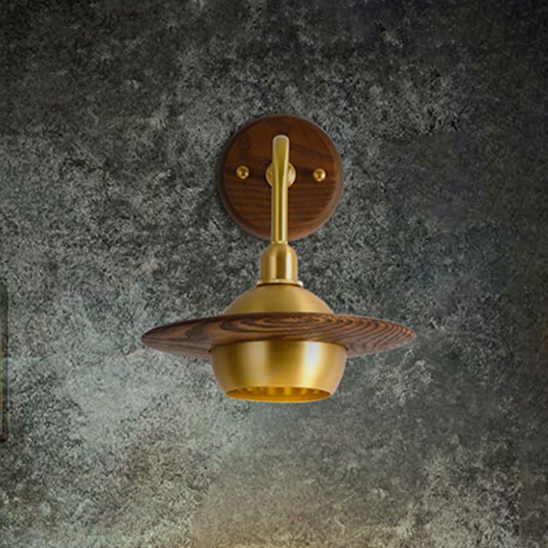 1 Light Bedroom Wall Sconce Asian Brass Wall Light Fixture with Globe Wooden Shade