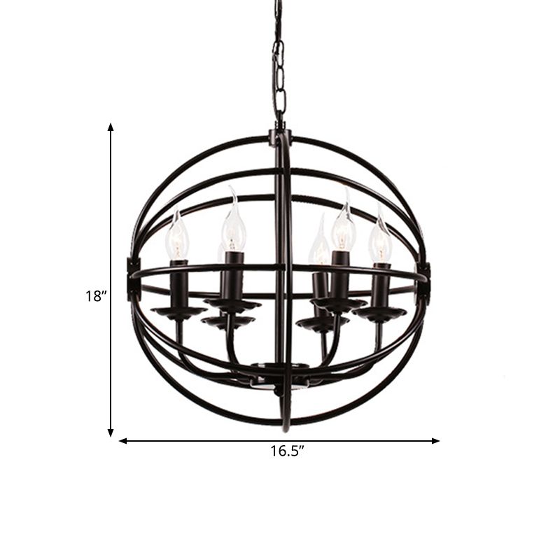 6 Lights Candle Chandelier Classic Black Metal Pendant Light Fixture for Dining Room with Globe Shaped