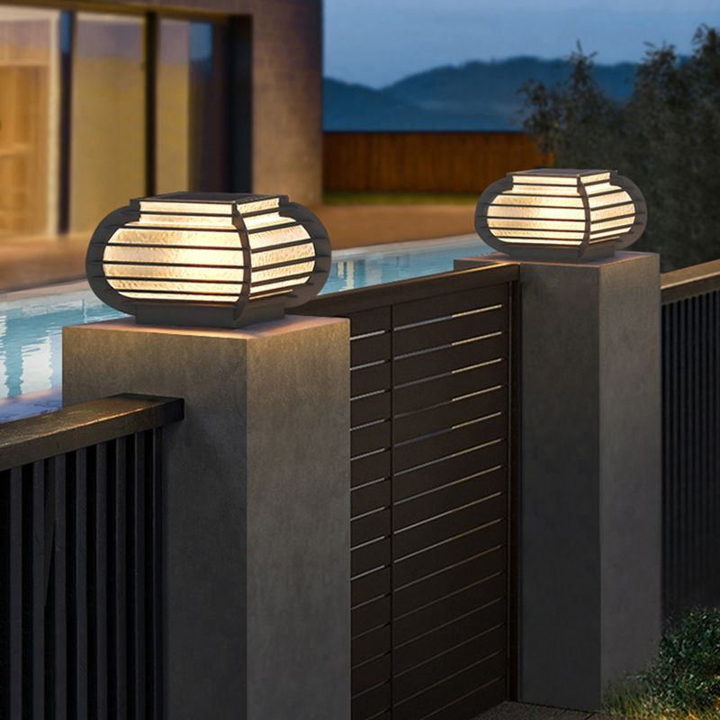 Drum Shape Metal Outdoor Light Modern 1 Light Solar Pillar Lamp in Black