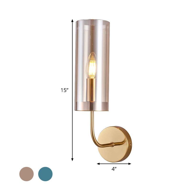 Contemporary Tubular Sconce Cognac/Light Blue Glass 1 Head Living Room Wall Mounted Light Fixture