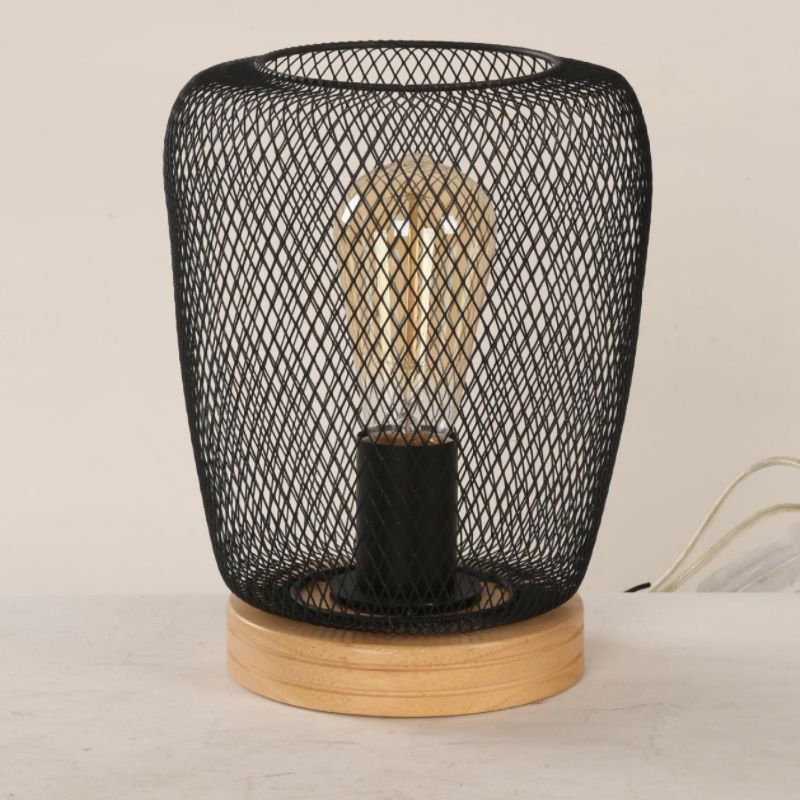 1 lampe de table de bulbe industrielle élégante poire / barillet ombre en métal et lampe à tâche en bois avec garde de fil en noir pour chambre à coucher