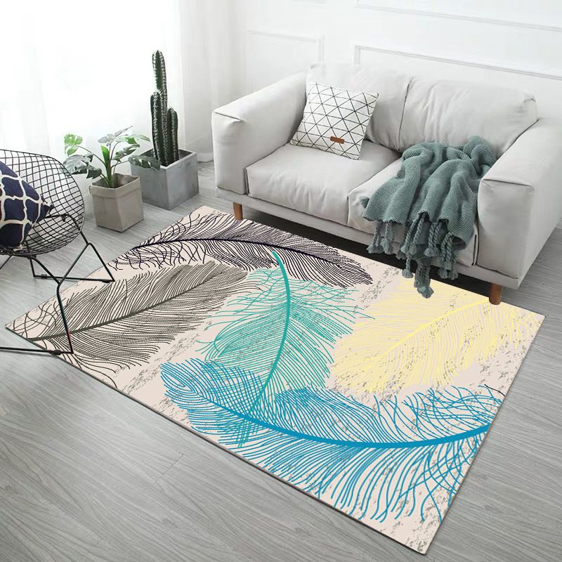 Modern Living Room Area Rug Plant Pattern Polyester Area Carpet Stain Resistant Rug