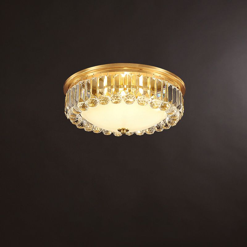 LED Flush Ceiling Light Country Bowl Frosted Glass Flush Mount Fixture in Brass with Round Crystal Edge