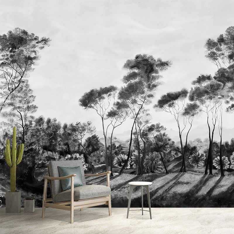 Modern Road Bush Landscape Mural Decal Black-White Stain Resistant Wall Decor for Bedroom